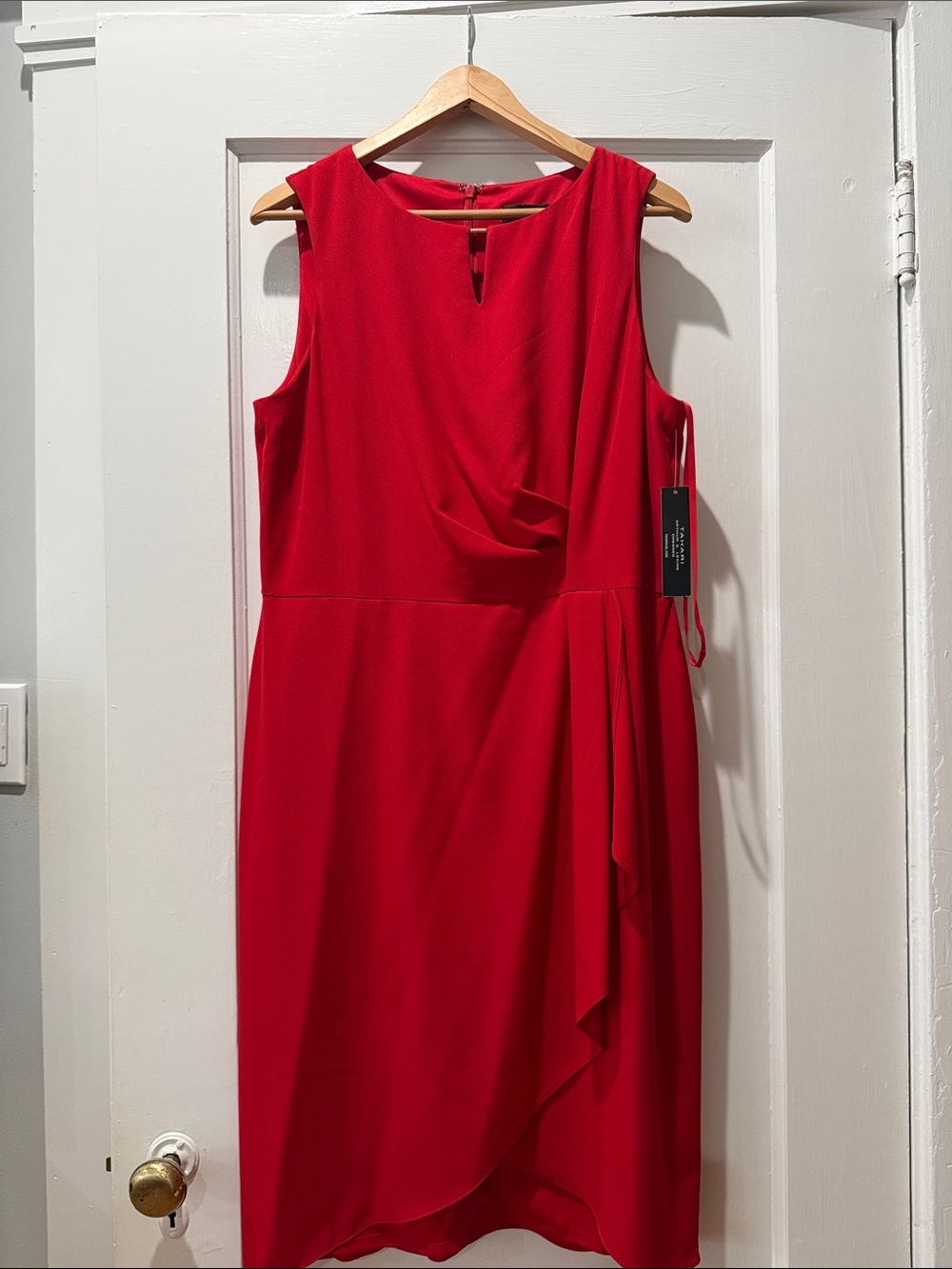 Tahari ASL Red Sleeveless Midi Sheath Dress with Side Drape